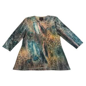 French Blue Shirt Womens Medium M Peacock Leopard Embellished Lightweight